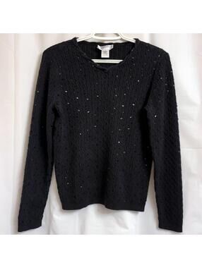 Pendleton Women's M Black Sequin Silk Cashmere Blend Cable Knit V-Neck Sweater